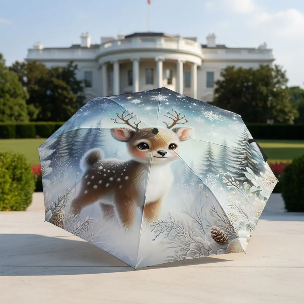 Cute Winter Deer in Enchanting Forest Scene Umbrella Compact Fashion Folding Umbrella for Daily Use, Christmas Gift