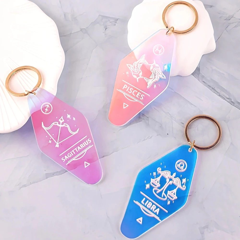 Changing Color Twelve Zodiac Signs Acrylic Hotel Gift KeyChain Keyring Tag Key Chains Hotel Office Fans Accessory Custom Logo