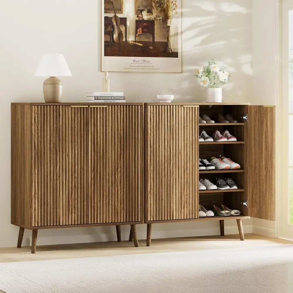 

5-уровневая деревянная полка для обуви с 2 дверцами, тонкий органайзер для хранения в прихожей, регулируемые полки, отделка из натурального дуба