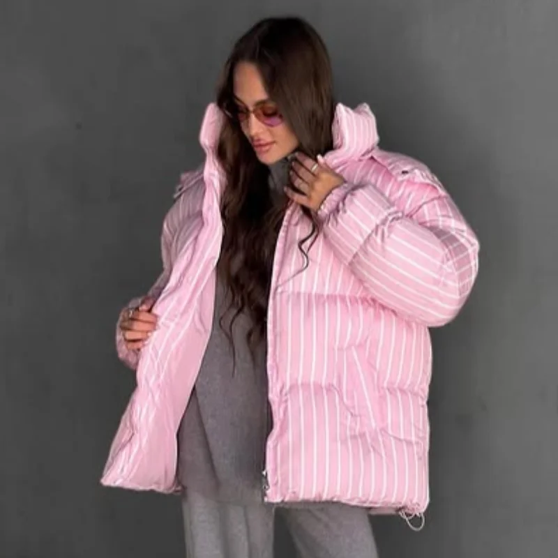 2026 Winter Autumn Stripe Cotton Padded Jacket For Women Warm Long Sleeve Zipper Hooded Coats Lady Street Chic Outdoor Outerwear