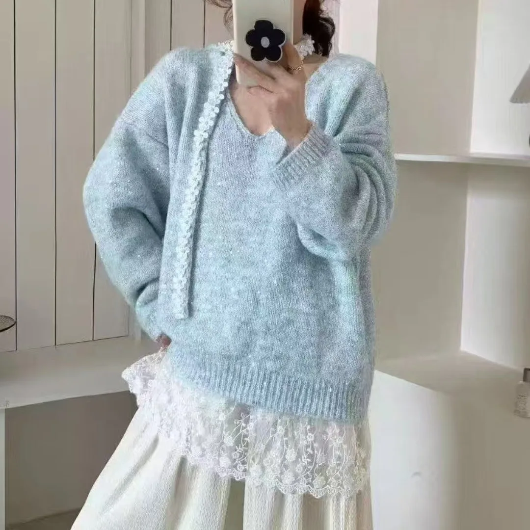 

Ele Женский трикотаж с кружевной отделкой V-Ne размера плюс Lazy High-End Feel Красивый топ Теплый шерстяной длинный свек Осень Зима Sw...