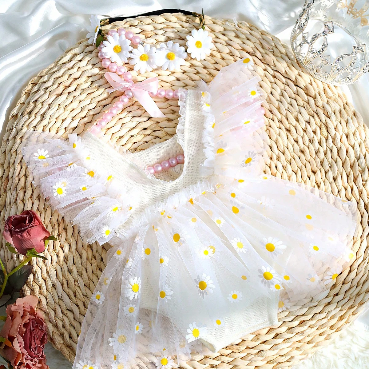 Ylsteed Newborn Girl Photoshoot Outfits Baby Girl Mesh Dress Romper with Headband One Hundred Days Infant Picture Outfits Props