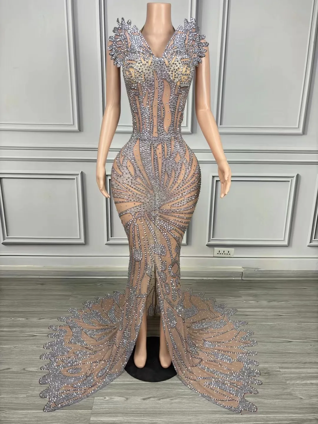 Birthday Prom Celebrate Evening Dress Rhinestone Floor-Length Slit Dresses Singer Host Stage Costume Party Clubwear Women