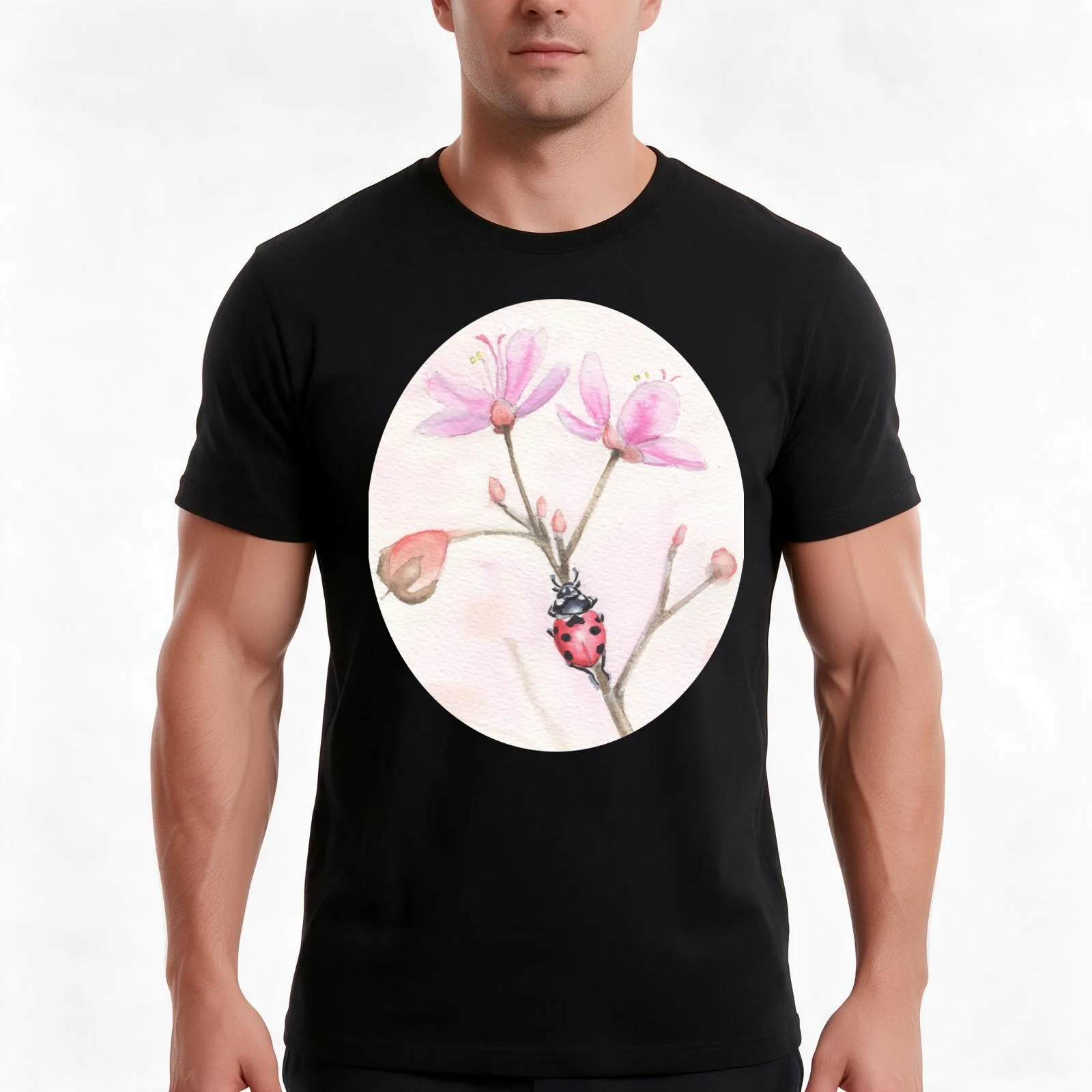 Ladybug on pink blossoms T-Shirt, Summer Casual Cotton Tee, Oversized Streetwear Tops, Vintage Graphic Print, Unisex Men Women