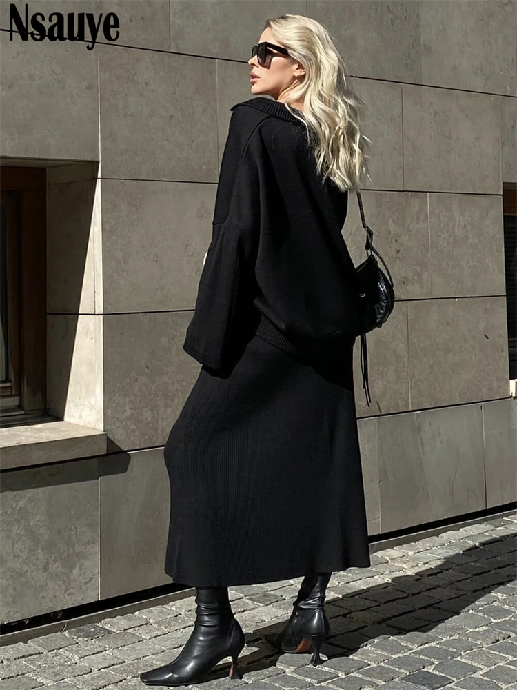 Nsauye 2024 Winter Women Y2K Pullovers Casual Long Sleeve Sweater Tops Knitted Maxi Wrap Fashion Party Club Skirt Two Piece Set