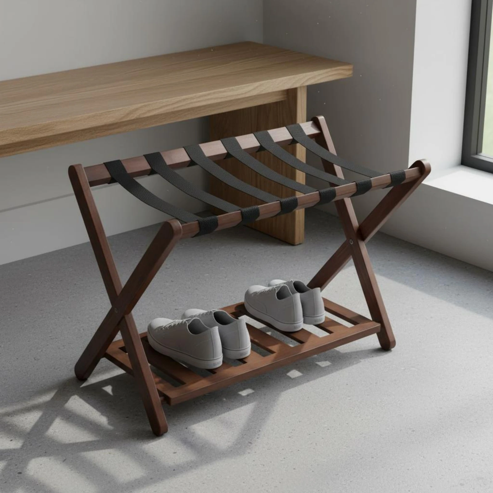 Bamboo Luggage Rack Foldable Luggage Holder with Shelf Suitcase Holder Stand Space Saving Bamboo Suitcase Stand Heavy Duty