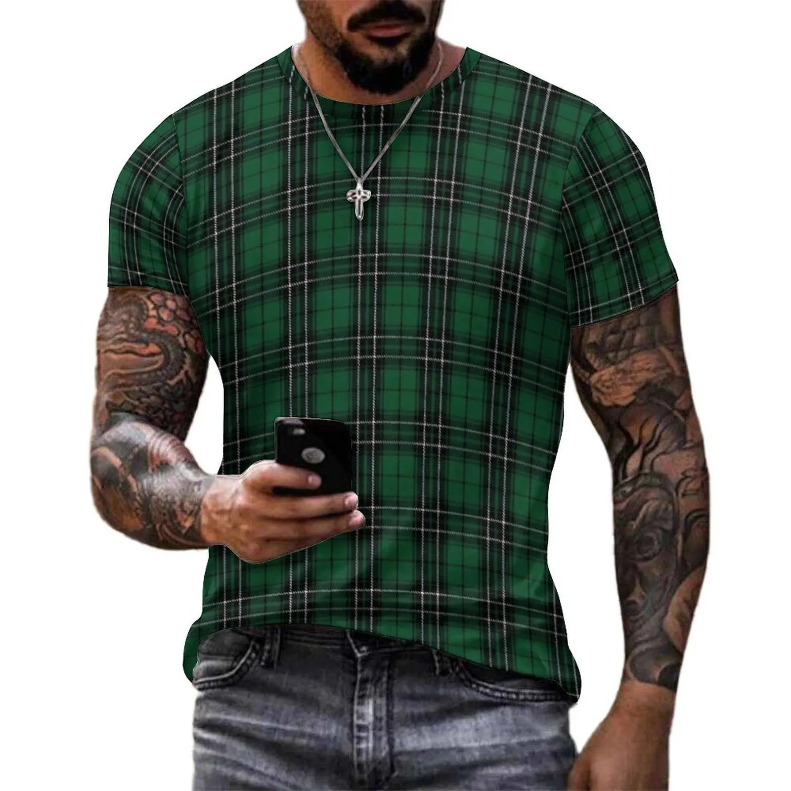 Man Retro Plaid T-Shirt Green And Black Harajuku T Shirts Short Sleeve Pattern Tshirt Hot Sale Summer Funny Oversized Tees