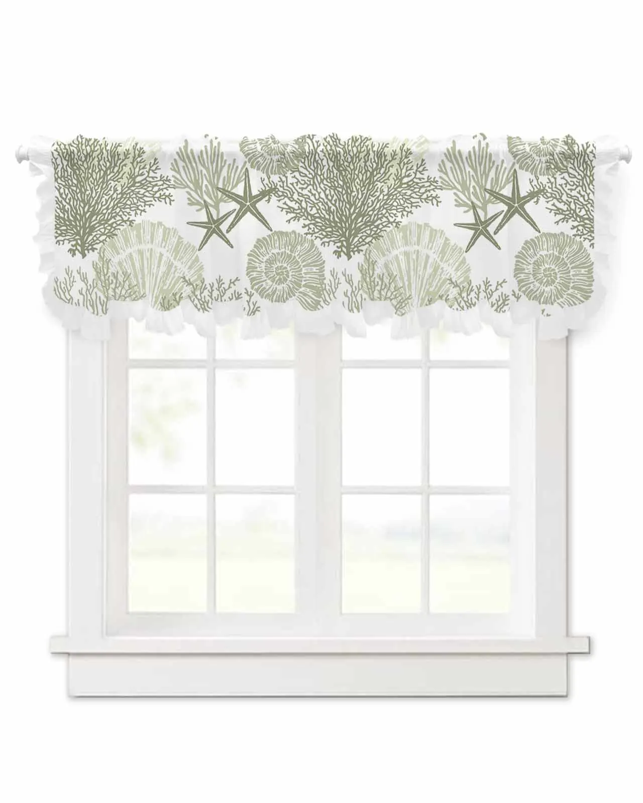 Sage Green Ocean Coral Shells Abstract Short Tulle Half Curtains for Living Room Kitchen Door Cafe Window Sheer Valance Drapes