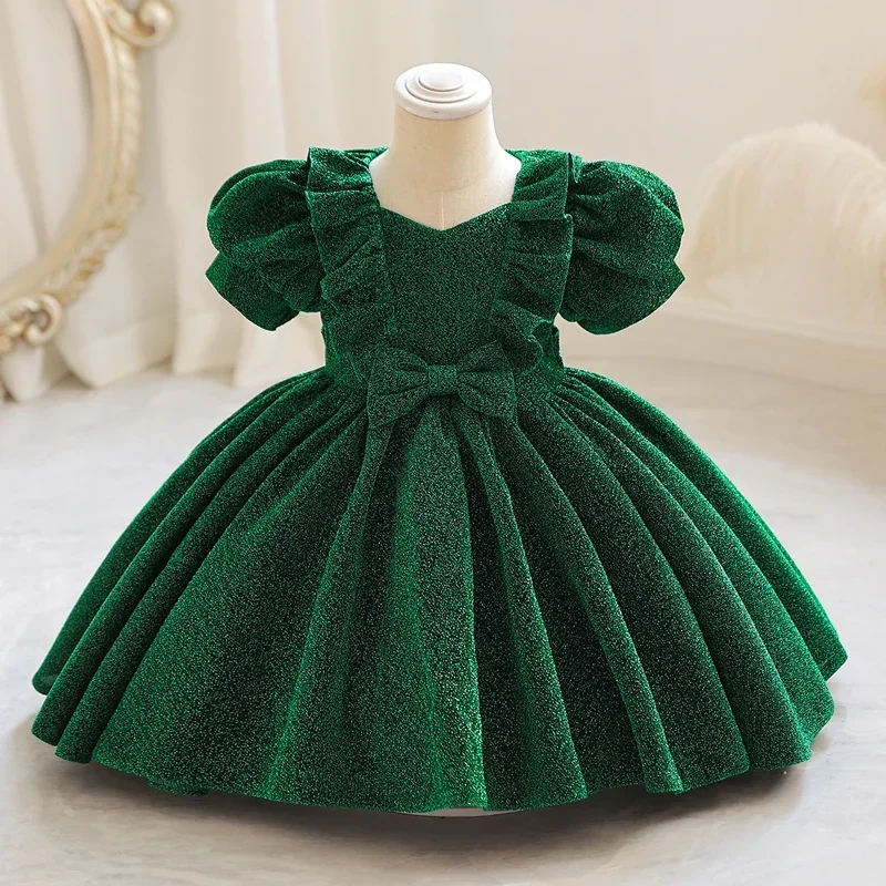 Little child dress dinner dress Heavy industry elegant navy blue short puff sleeve princess dress M136