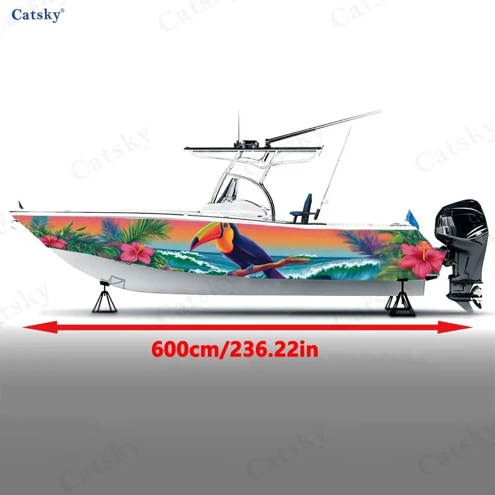 Lush Tropical Toucan & Greenery Boat Stickers, PVC Waterproof Vinyl Wrap Decals for Fishing Boats, Durable and Stylish Design