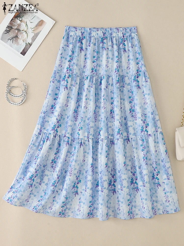 2025 jupes de vacances d'été ZANZEA femmes bohême imprimé Jupe élégante taille haute a-ligne Jupe Faldas Saia Maxi longue Robe Robe