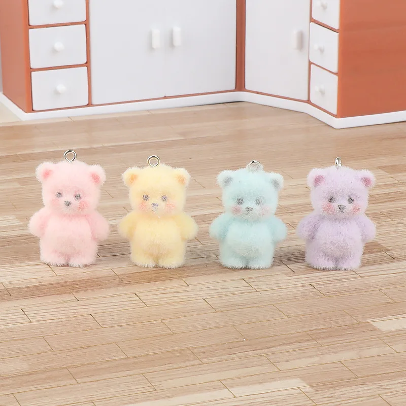 DW62 2pcs Cute 3D Flocking Little Bear Charms Cartoon Resin Animal Pendant Bag Keychain DIY Crafts Jewelry Make Bead Accessories