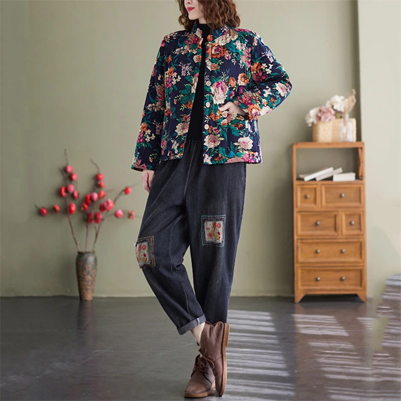 Winter Cotton Ladies Jacket Coat Ethnic Style Casual Loose Long Sleeve Vintage Single Breasted Women Floral Print Outerwear 2024