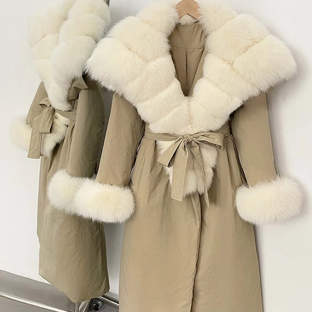 

2025 New Winter Large Real Fur Hooded Puffer Jacket Women Thicken Warm Knitted Sleeve Coat Mid Long Duck Down Parka