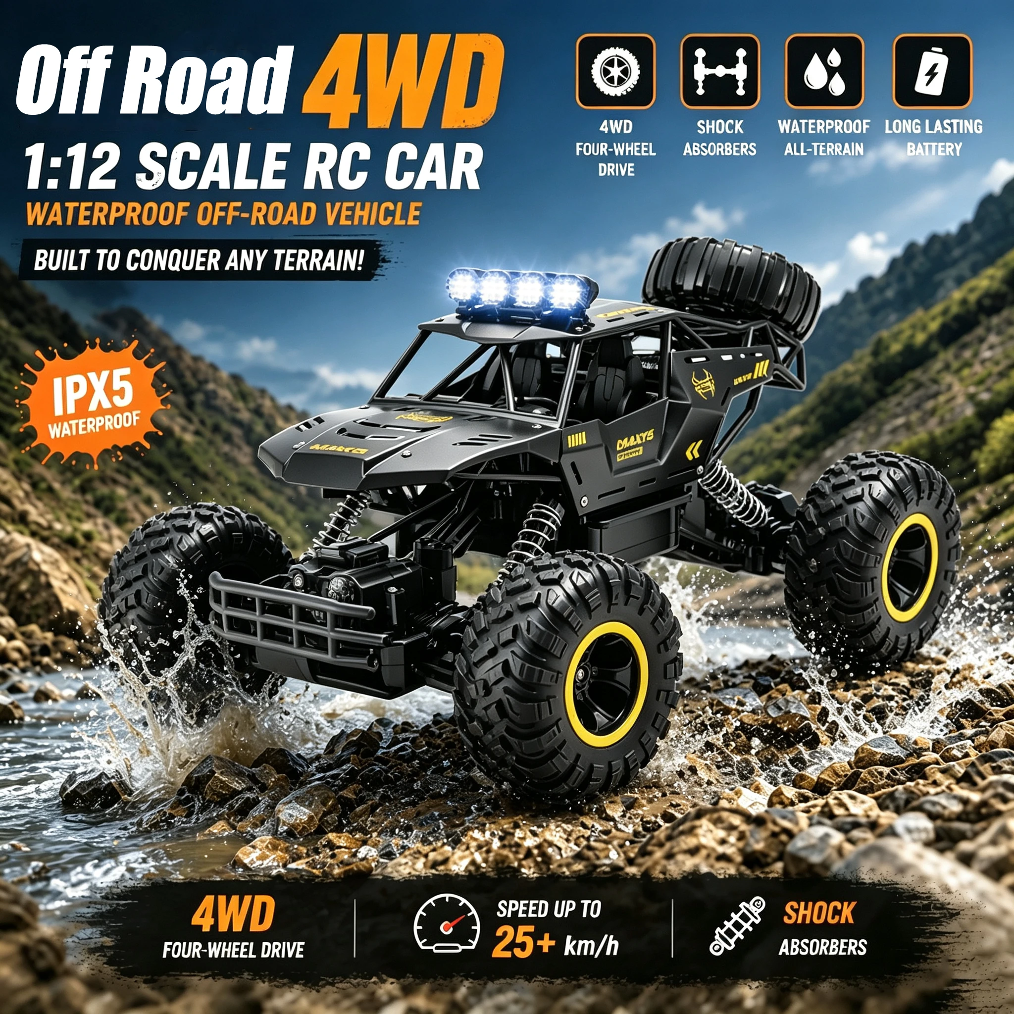 RC Truck for Boy Remote Control Car 1:12 Off Road Monster Trucks Metal Shell All Terrains Hobby RC Cars with LED Headlights Gift