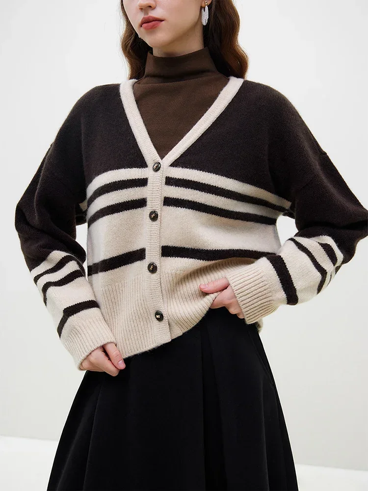 FSLE 100% Wool Pink Stripe Design Women V-Neck Sweet Short Cardigans Drop Sleeve Design Female Khaki Winter Woolen Sweaters