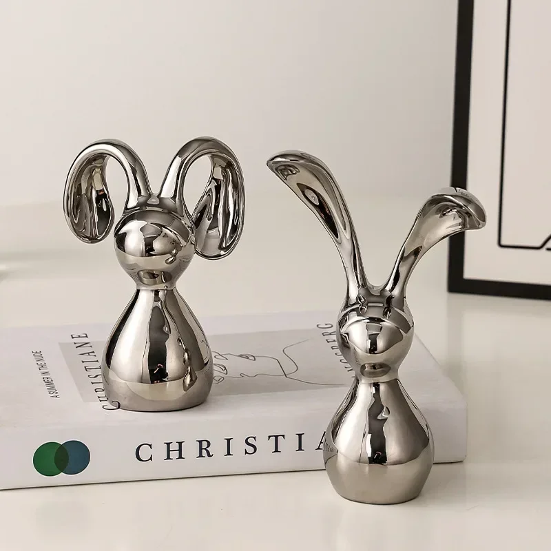 Luxury Long Ears Couple Rabbit Ceramic Sculpture Home Decoration Creative Living Room Bookshelf Kawaii Silver Rabbit Room Decor