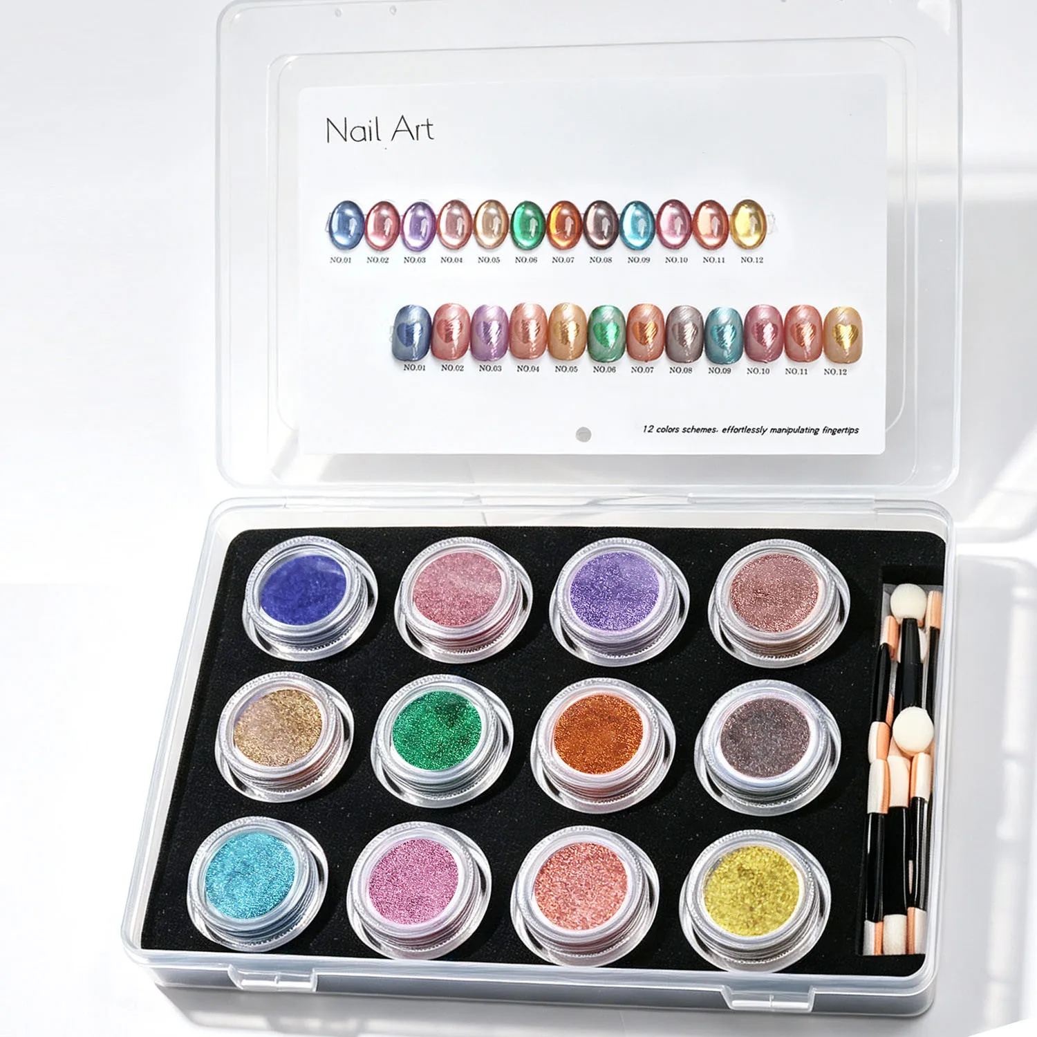 12 Color Moonlight Mirror Nail Art Powder Set Aurora Metallic Titanium Powder Color Chart Manicure Salon DIY Kit
