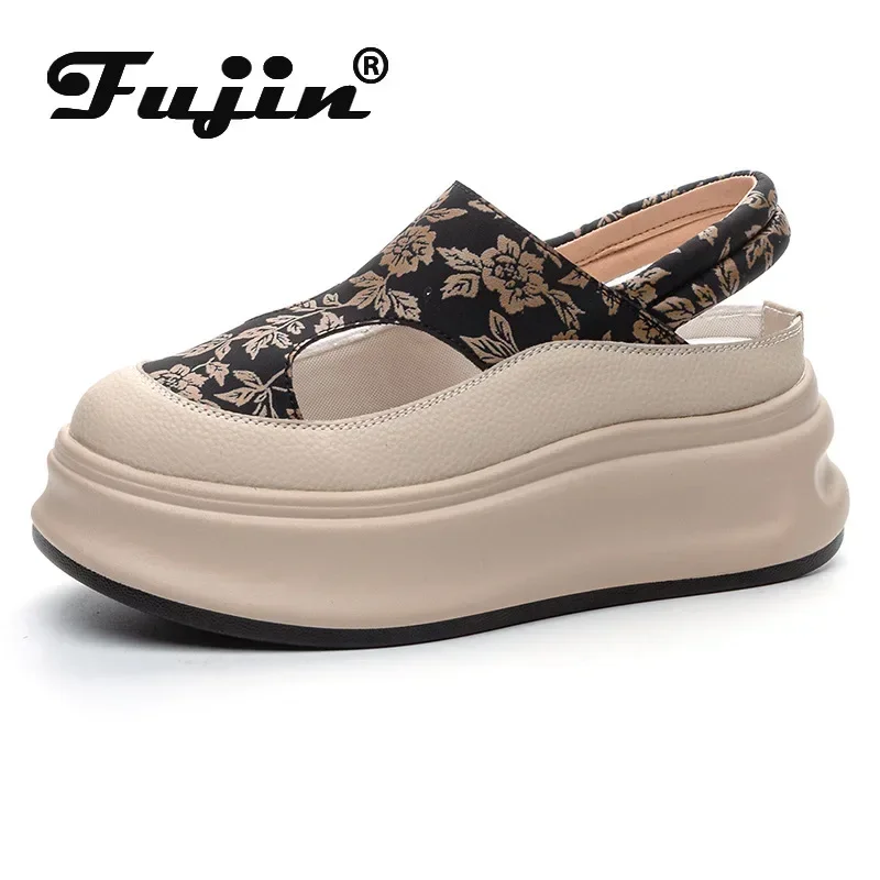 Fujin 6cm 2024 Fashion Platform Wedge Flats Summer Print Mixed Color High Brand Hollow Genuine Leather Women Sandals Shoes Pumps