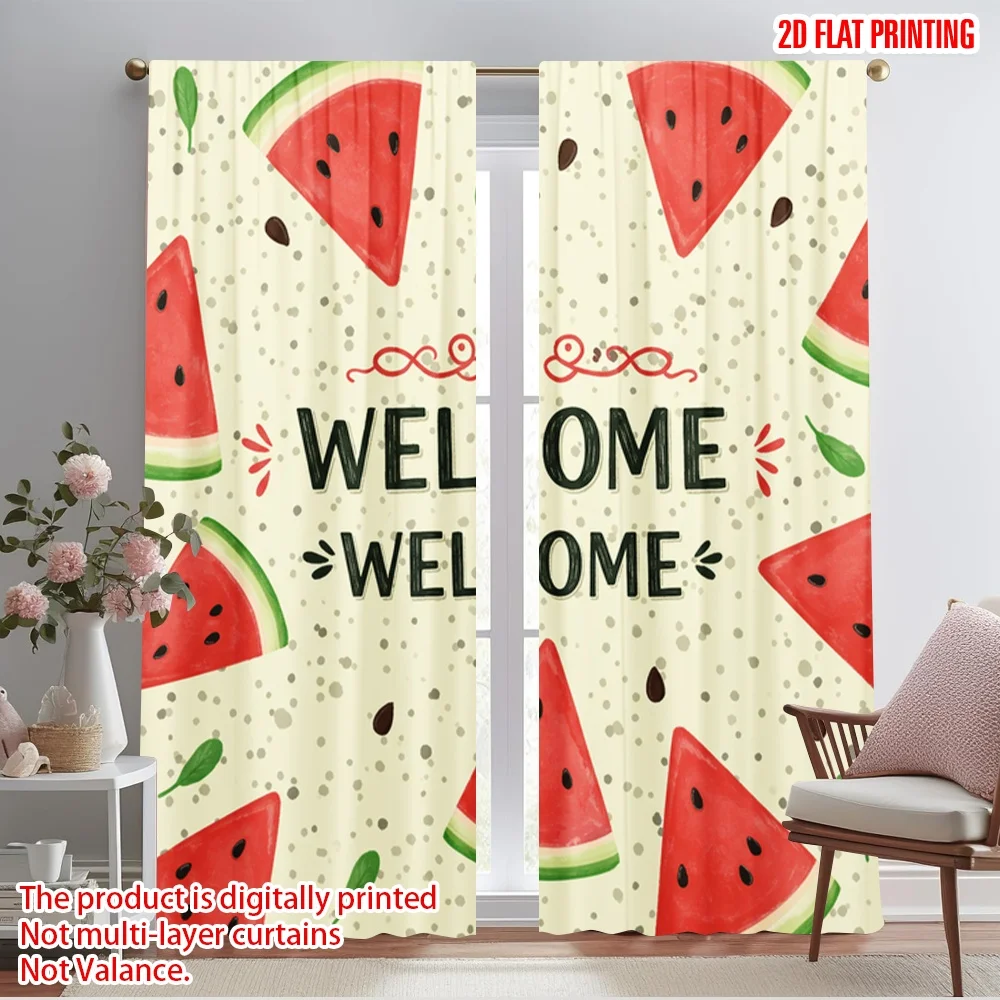 

2pcs 2D flat printing Curtains Welcome Watermelon Summer Slices Polyester Fabric Without Electricity Festive Wall Decor for New