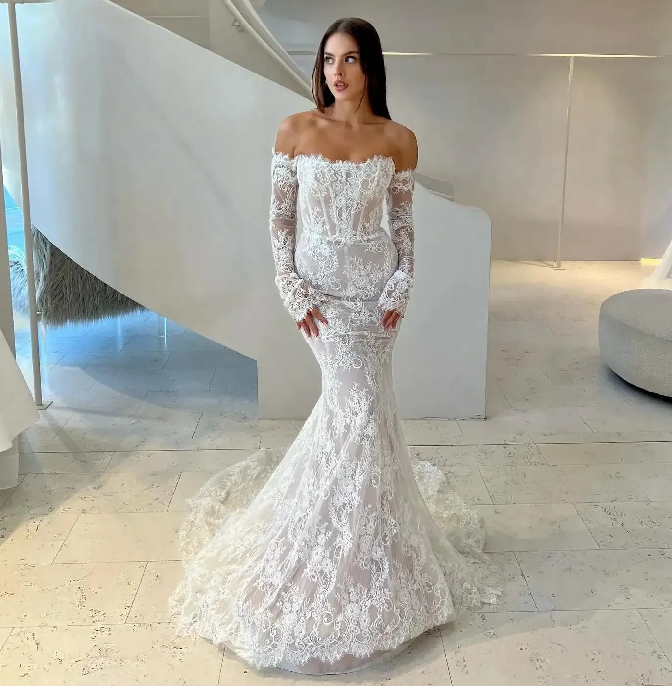 

Sexy Lace Wedding Dresses Strapless See Through Back Long Sleeves Full Lace Applique Bride Bridal Gowns Customized