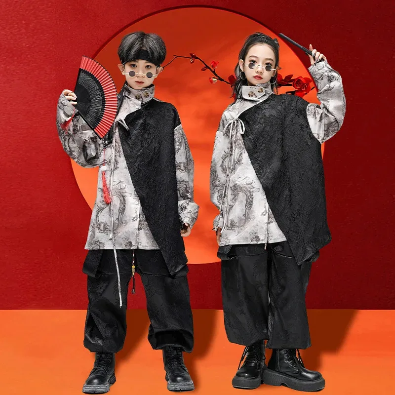 

Chinese Style Hip Hop Costume For Children's Street K-pop Dancing Wear Girls Jazz Show Clothes Loose Tops Black Pants Set
