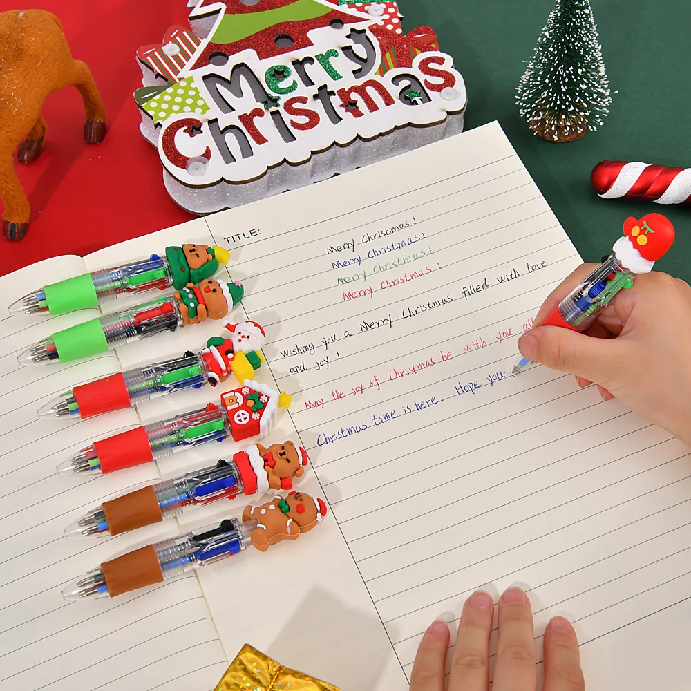 10Pcs/Lot Kawaii Christmas Mini Four-color Ballpoint Pen Santa Claus Deer Christmas Tree Multi-color Sudent Press Ball Pens Gift