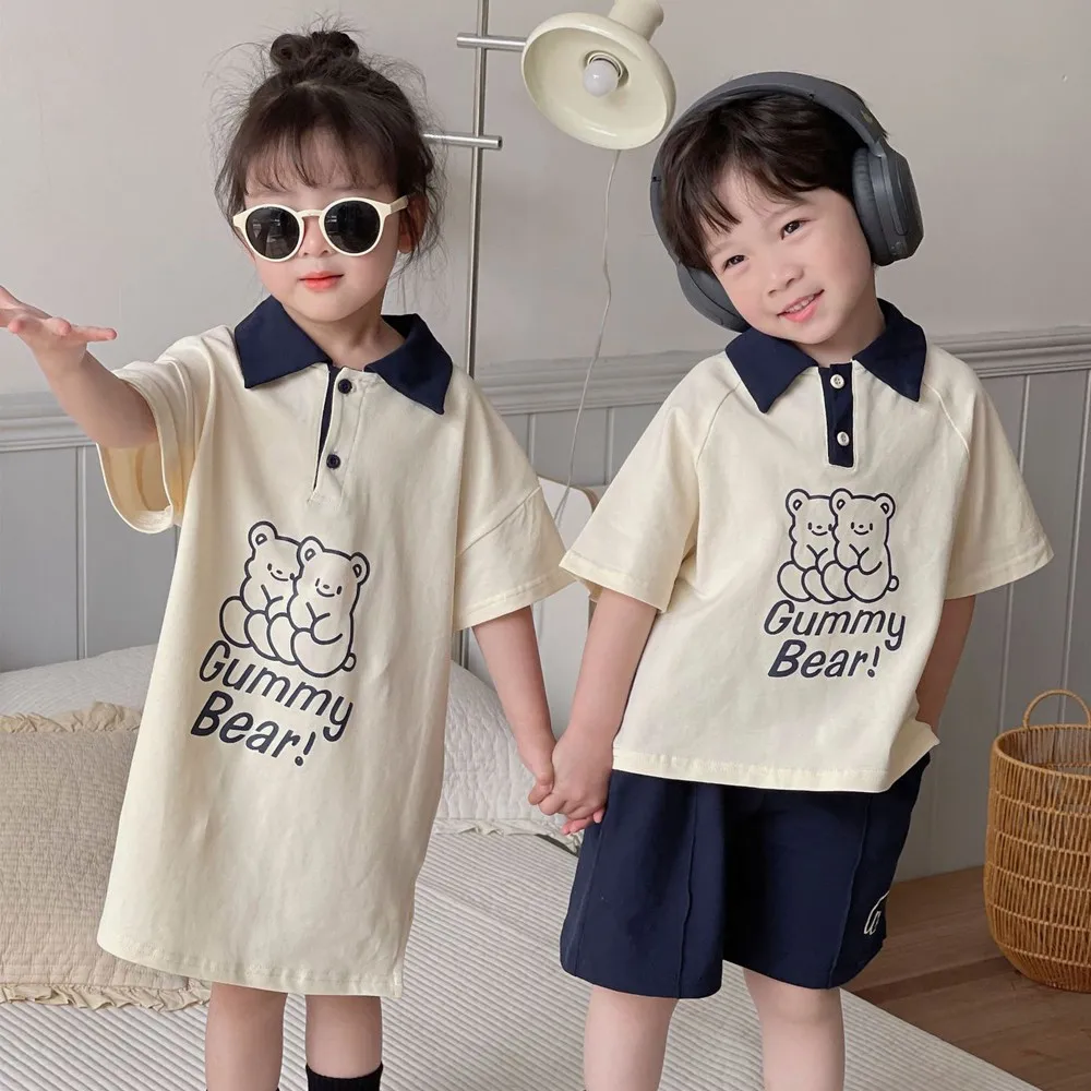 2024 New Brother Sister Costumes Boys Fashion Pullover Turn-down Collar Tops Solid Shorts Girls Cartoon Cute Dress Bear Dresses