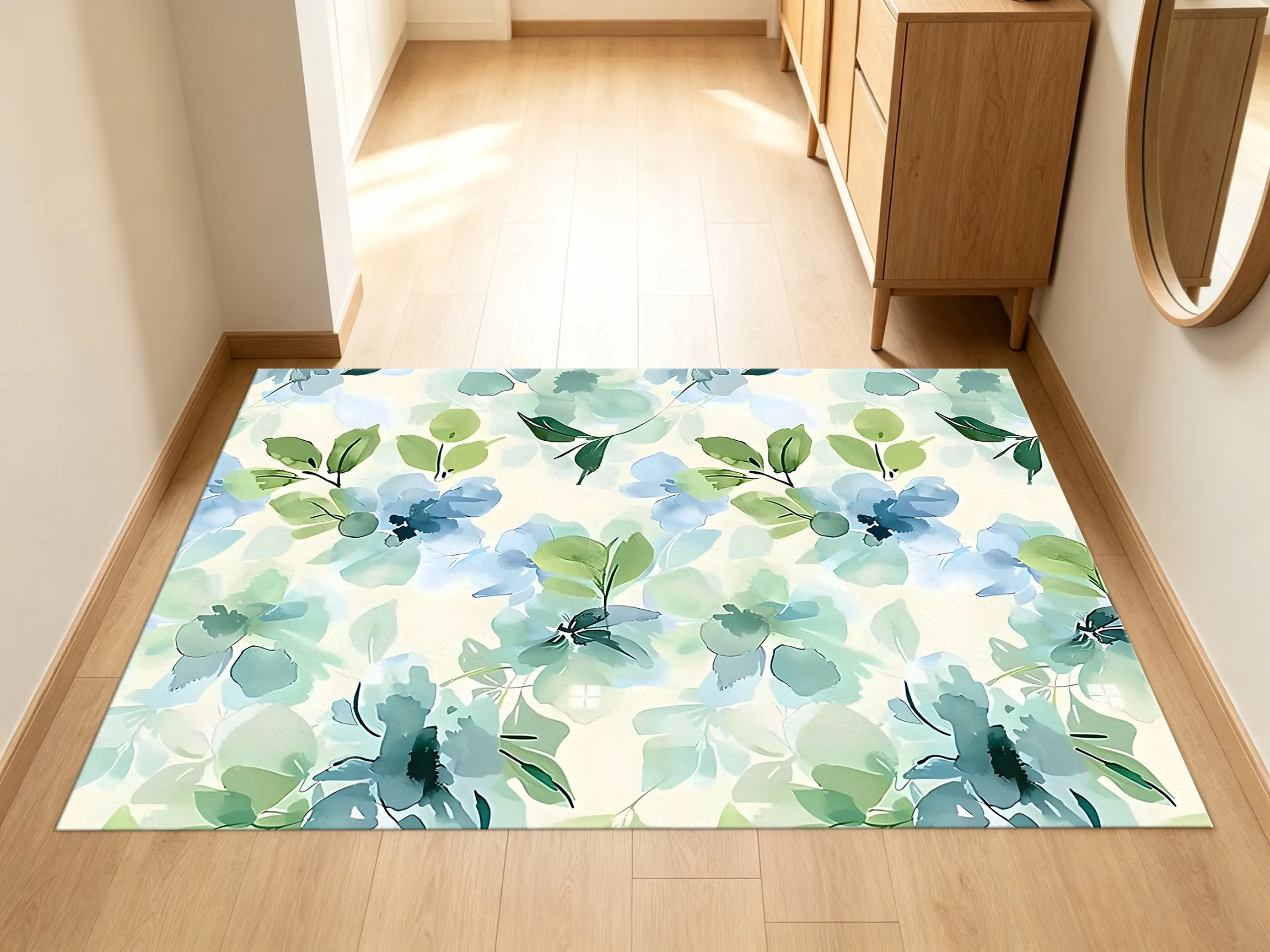 Watercolor Washes of Hydrangeas, Green Berries, and Leaves Create a Fresh and Clean Look, Perfect for a Spring Housewarming A Velvet Rug Can Be Used in the Living Room, Bedroom, or by the Bed to Create a Soothing and Refreshing Forest-Like Atmosphere.