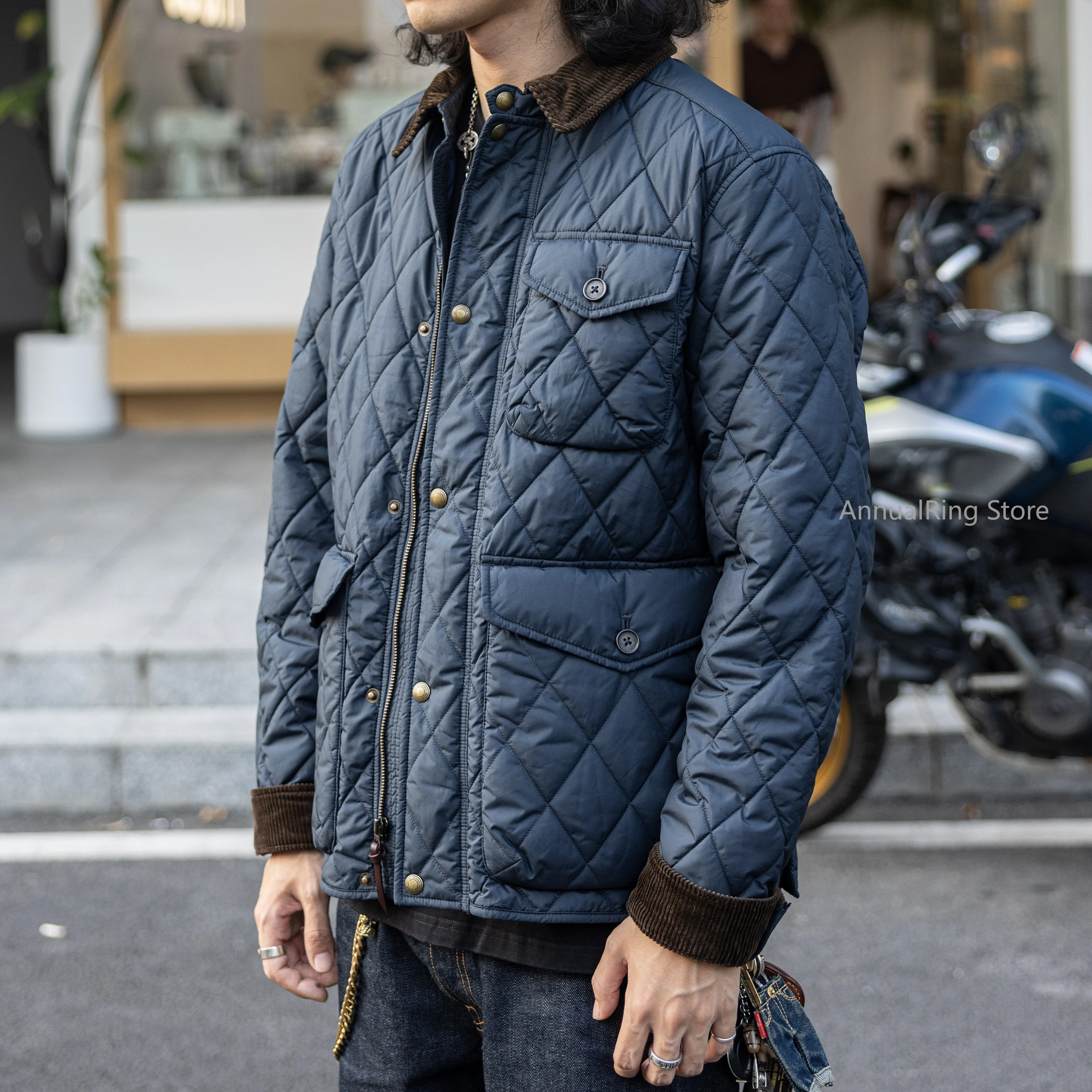 

Red Tornado Heritage Style Diamond Quilted Jacket with Corduroy Collar Multi-Pocket Padded Coat for Men