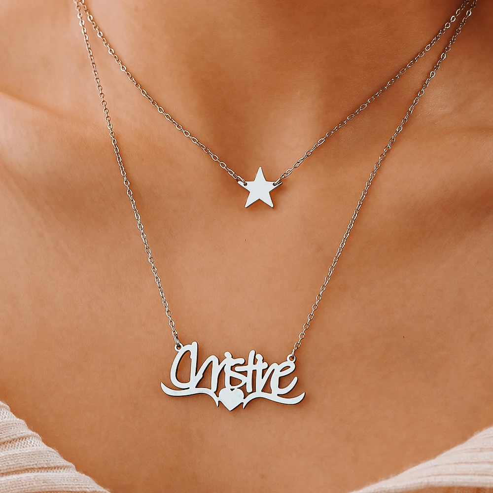 

Personalized Customized Name Necklace Stainless Steel Pentagram Peach Heart Double Layer Necklace Women's Fashion Jewelry