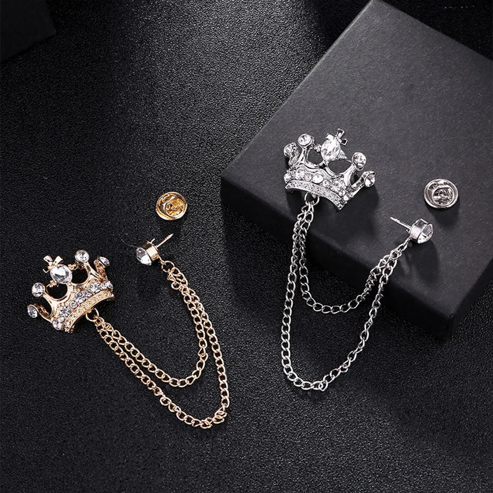 ASLSAW High-end Personality Fashion Men\'s Crown Brooch British Style Suit Chain Pin Badge Retro Female Corsage