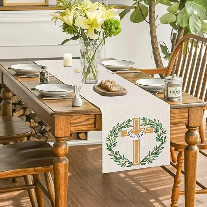 He Is Risen Blessed Easter Table Runner Seasonal Wreath Summer Holiday Farmhouse Indoor Table Runner for Home Party Decor