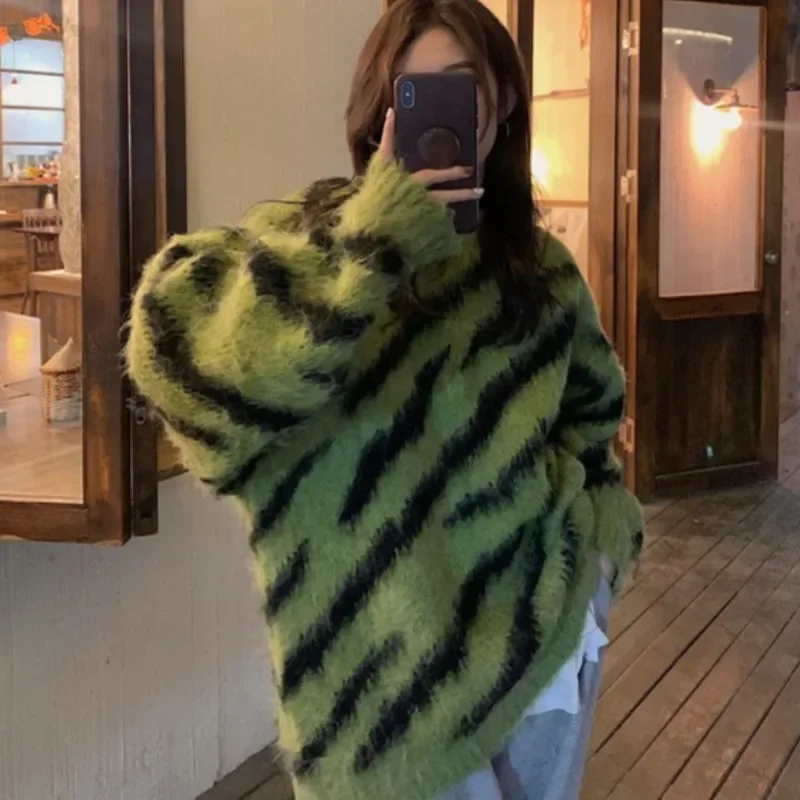 Shpmishal Korean Fashion Knitted Sweater Retro Zebra Print Sweater Women's Autumn Lazy Style Loose Pullover Top Female Clothing