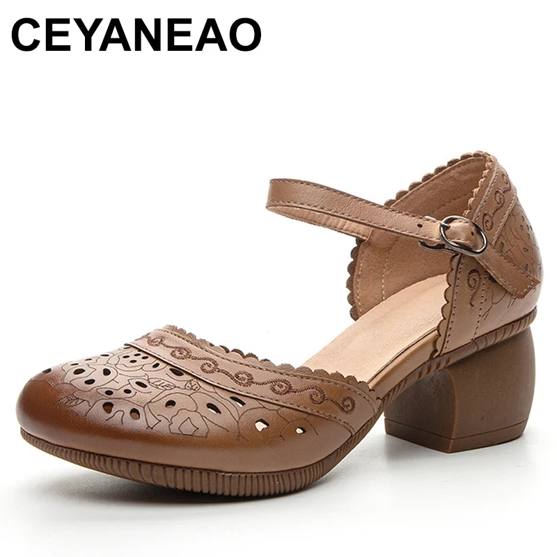 

2024 New Top Cowhide Hollow Round Toe Side Open Women Sandal Shoes Summer Leather Sandals Elegant Trend Mid Heel Sandals