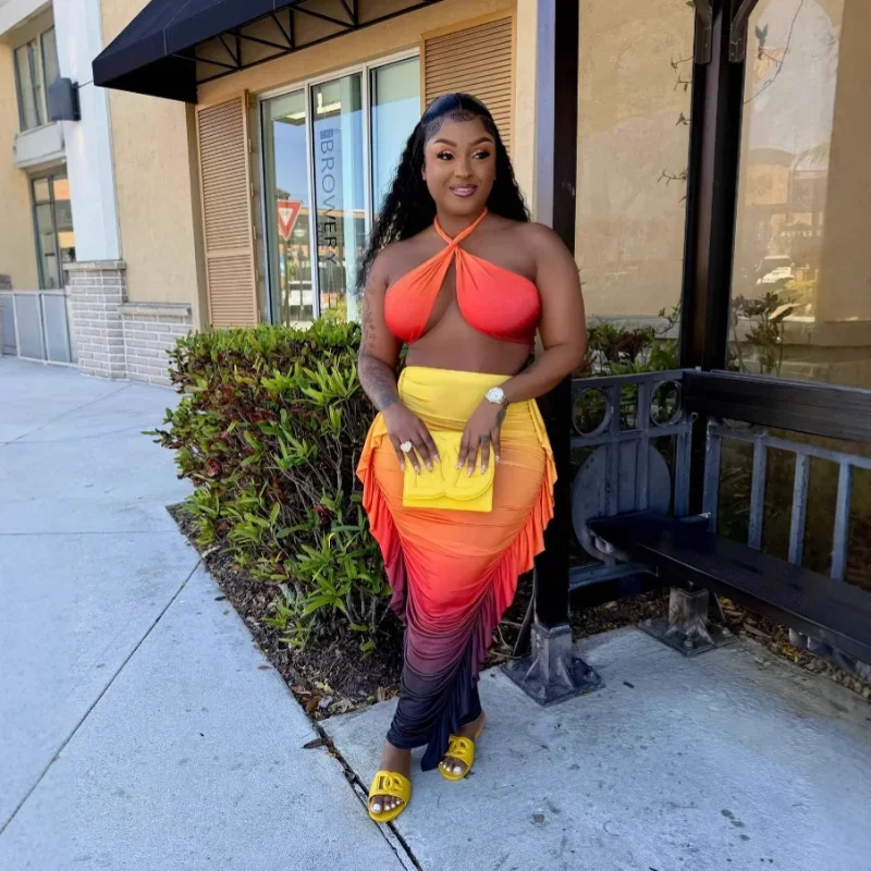 

Градиентный комплект из 2 предметов, летние женские сексуальные укороченные топы с лямкой на шее и открытой спиной + облегающие макси-юбки с боковыми оборками и рюшами, пляжная одежда