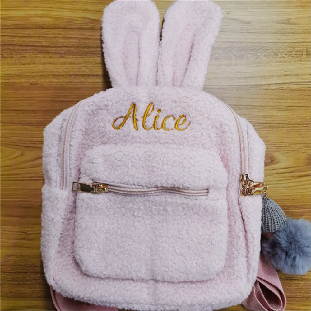 Personalized Name Bunny Backpack Embroidered Name Mini Backpack Rabbit Ear Women Travel Shoulder Bags Plush Backpack Custom Name