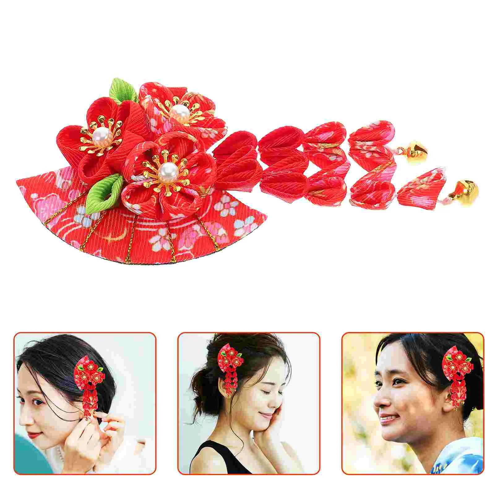 

Tassel Fan Hair Accessory Floral Pins Side Clip Fabric Chinese Handmade Hairpin