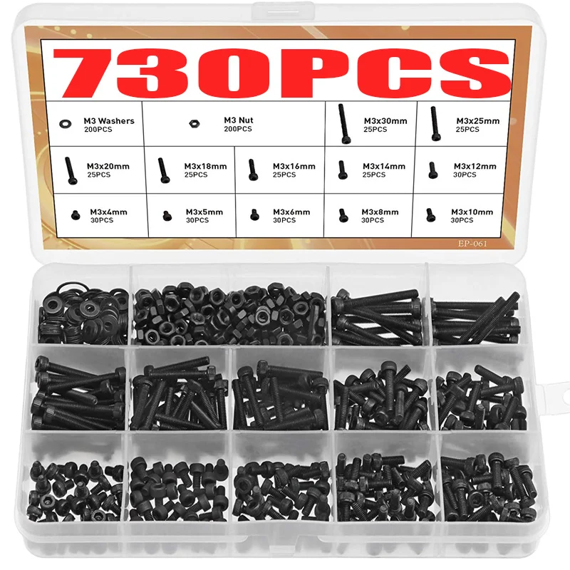 

Electrapick 730pcs M3 Nuts M3 Washers Carbon Steel Socket Head Cap Screws With Flat Washer Nuts Male Wrench