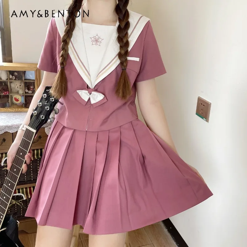 

Japanese Original Summer and Autumn Sailor Collar Pink Bow Embroidery Short Sleeve Top Dress Solid Color Mini Pleated Skirt Girl