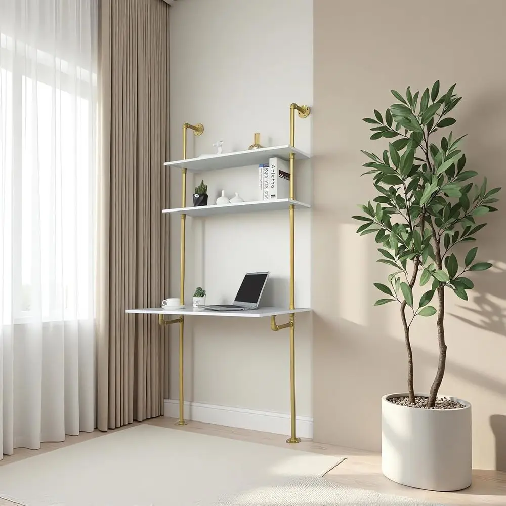 Compact Modern 36 Industrial Style Wall-Mounted Writing Desk with Ladder Shelf for Small Spaces