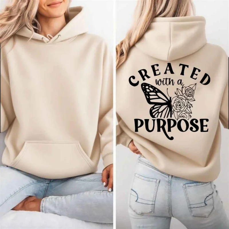 

2026Women's Created With A Purpose Butterfly & Rose Print Hoodie Beige Casual Streetwear Back Print Pullover Sweatshirt