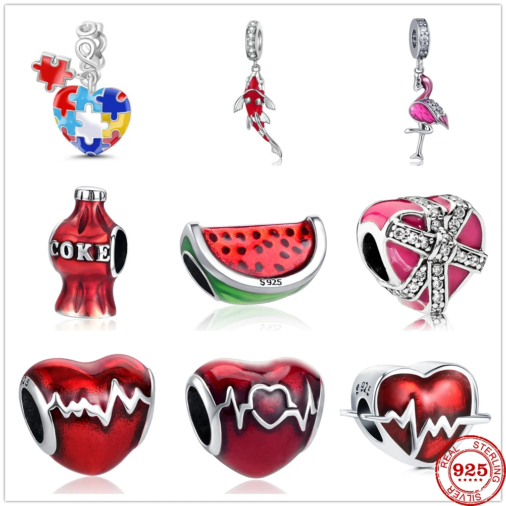 New 925 Sterling Silver Red Coke Fish Puzzle Watermelon Gift Box Charm bead Fit Original Charms Bracelet DIY Jewelry For Women