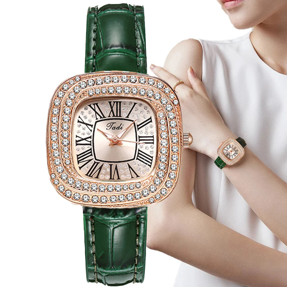 Lujo romana cuadrada Diamantes Señoras Reloj de cuarzo Casual 2024 de cuero verde de las mujeres de negocios Reloj de regalo Reloj de pulsera