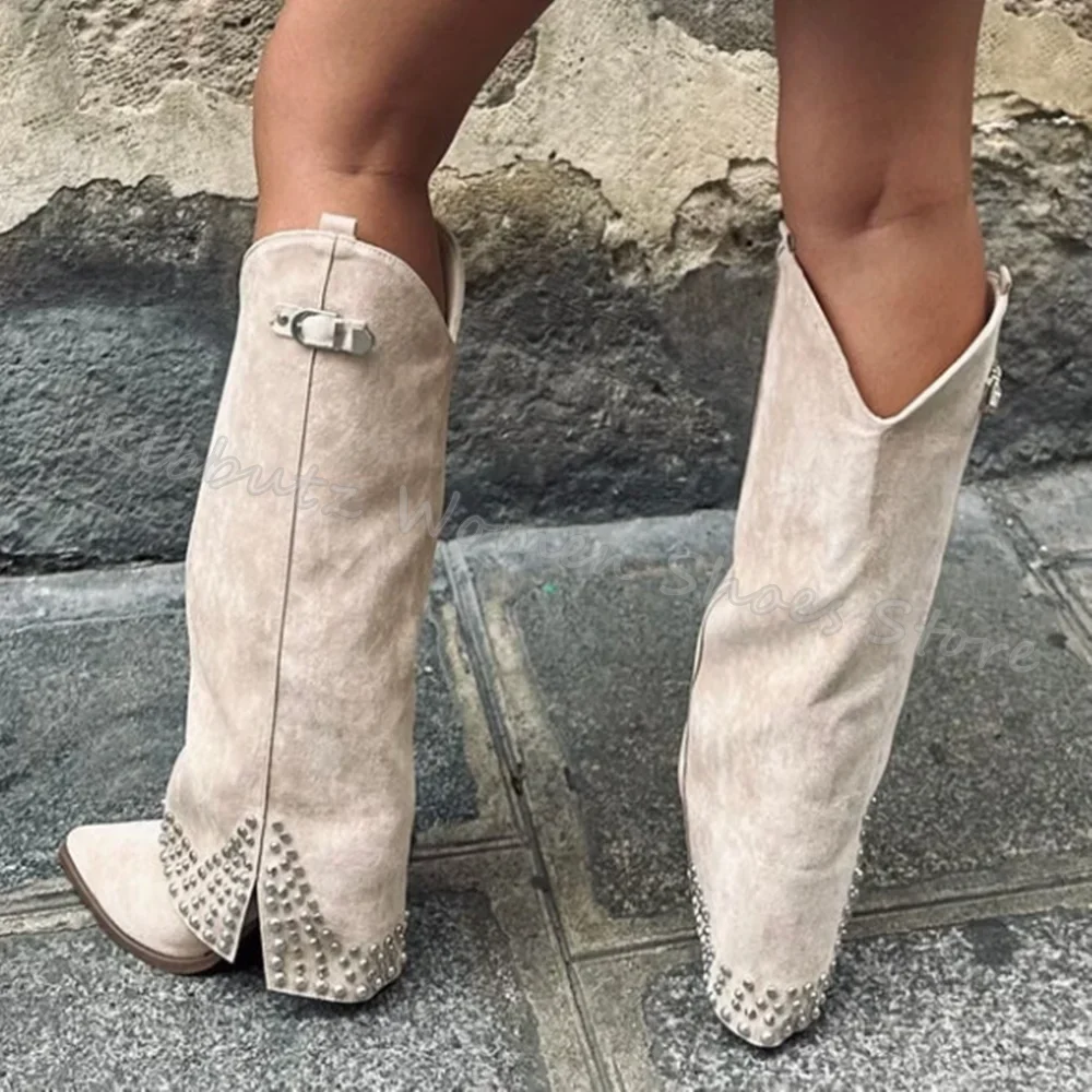 

Suede Beads Knee High Boots Luxury Sexy Concise Elegant Concise Pointed Toe Chunky Heels Slip-On Women Shoes Newest Belt Buckle