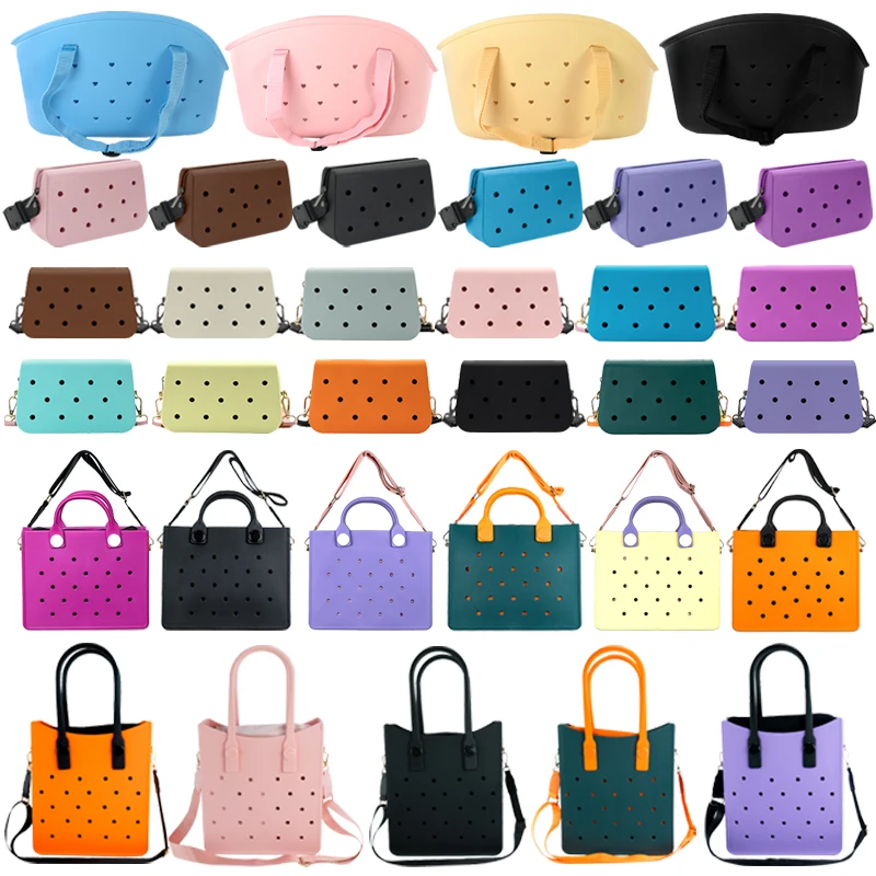 EVA Tote Bag Travel Work Waterproof Beach Bag Women Girls Fashion Shoulder Bag Punched Outdoor Handbag Fit Charms