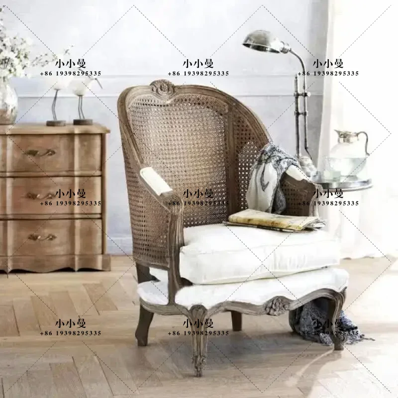 American country style solid wood woven rattan chair, single sofa art tiger chair, French living room lounge high-back luxury