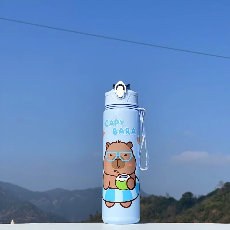 750ml Capybara Cute Water Bottle Large Capacity Sports Water Bottle with Straw & Handle Kawaii Water Cup for Outdoor Activities