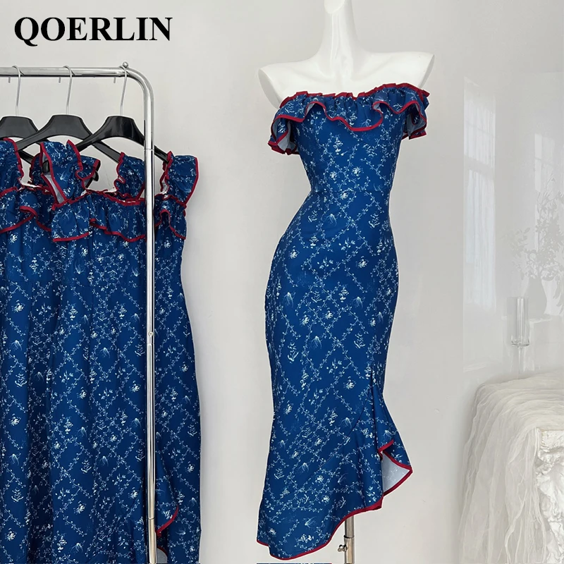 

QOERLIN Blue Printed Ruffles Women Dress Square Collar / Off-the-Shoulder Sleeveless Tank Midi Dress Summer Party Vestidos Lady