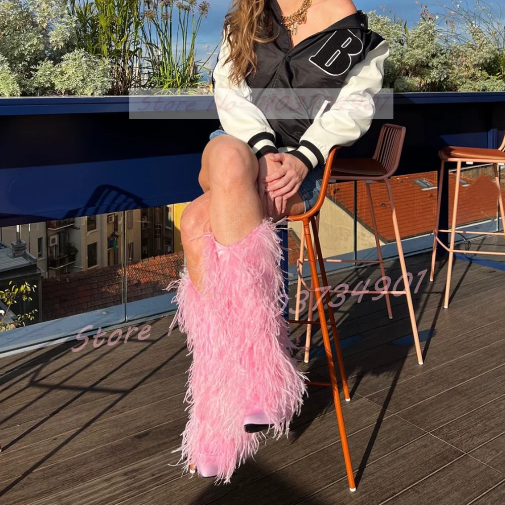 Pink Fluffy Furry Knee Length Boots Female Sweet Pointy Toe Fur Winter Thin High Heels Boots Women Party Fashion Elegant Shoes